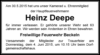 Traueranzeige von Heinz Deepe von KRZ