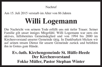 Traueranzeige von Willi Logemann von KRZ