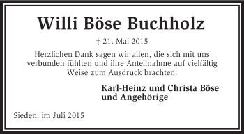 Traueranzeige von Willi Böse Buchholz von KRZ