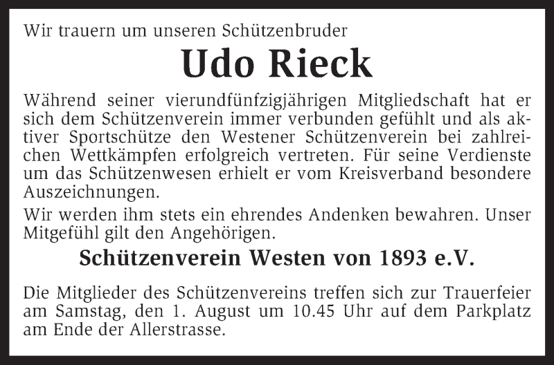  Traueranzeige für Udo Rieck vom 31.07.2015 aus KRZ