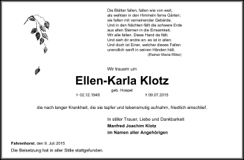 Traueranzeige von Ellen-Karla Klotz von KRZ