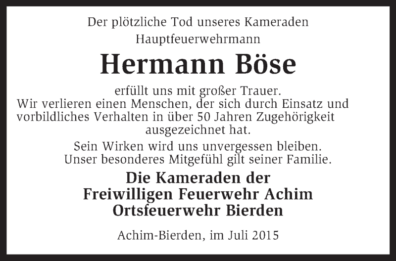  Traueranzeige für Hermann Böse vom 29.07.2015 aus KRZ