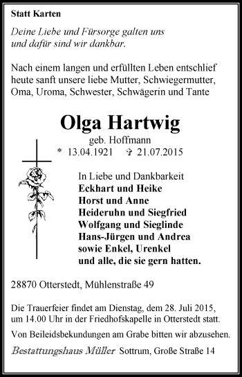 Traueranzeige von Olga Hartwig von KRZ