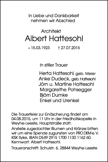 Traueranzeige von Albert Hattesohl von KRZ