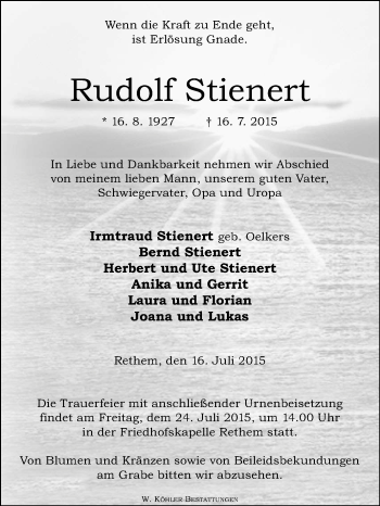 Traueranzeige von Rudolf Stienert von KRZ