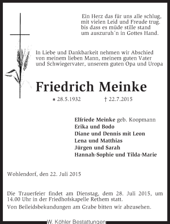 Traueranzeige von Friedrich Meinke von KRZ