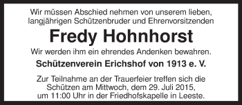 Traueranzeige von Fredy Hohnhorst von KRZ