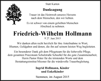 Traueranzeige von Friedrich-Wilhelm Hollmann von KRZ