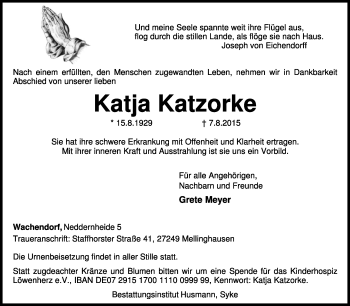 Traueranzeige von Katja Katzorke von KRZ