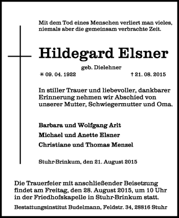 Traueranzeige von Hildegard Elsner von KRZ