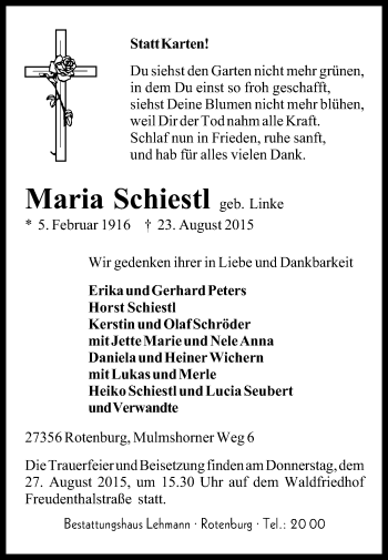 Traueranzeige von Maria Schiestl von KRZ