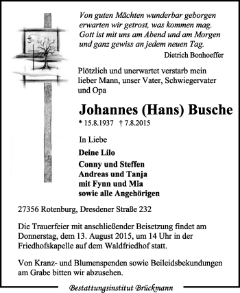 Traueranzeige von Johannes Hans Busche von KRZ