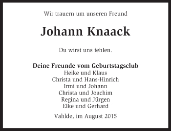 Traueranzeige von Johann Knaack von KRZ