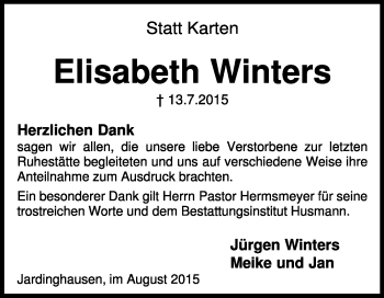 Traueranzeige von Elisabeth Winters von KRZ