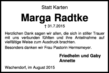 Traueranzeige von Marga Radtke von KRZ