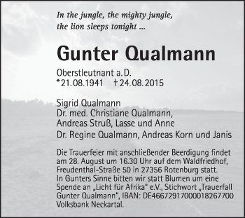 Traueranzeige von Gunter Qualmann von KRZ