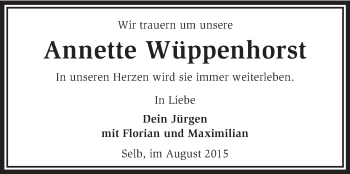 Traueranzeige von Annette Wüppenhorst von KRZ