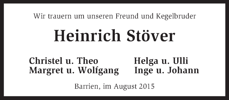  Traueranzeige für Heinrich Stöver vom 04.08.2015 aus KRZ