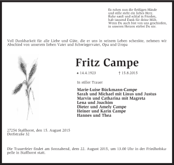 Traueranzeige von Fritz Campe von KRZ