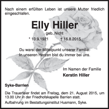 Traueranzeige von Elly Hiller von KRZ