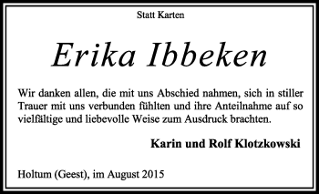 Traueranzeige von Erika Ibbeken von KRZ