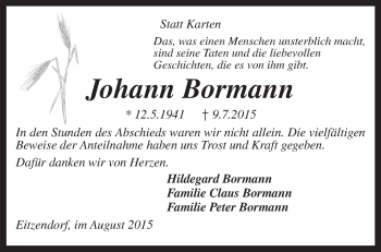 Traueranzeige von Johann Bormann von KRZ