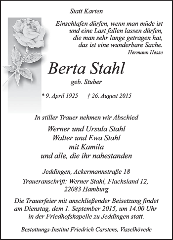 Traueranzeige von Berta Stahl von KRZ