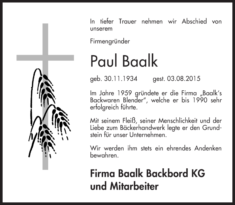  Traueranzeige für Paul Baalk vom 05.08.2015 aus KRZ