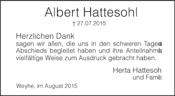 Traueranzeige von Albert Hattesohl von KRZ