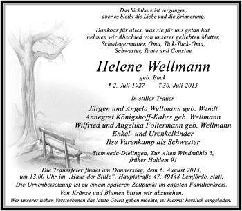 Traueranzeige von Helene Wellmann von KRZ