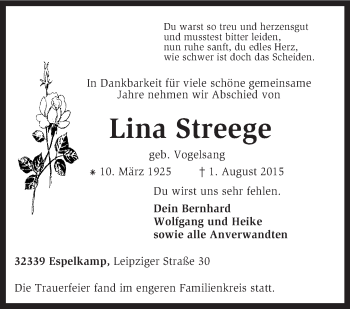 Traueranzeige von Lina Streege von KRZ