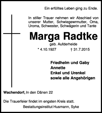 Traueranzeige von Marga Radtke von KRZ