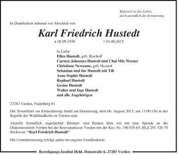 Traueranzeige von Karl Friedrich Hustedt von KRZ