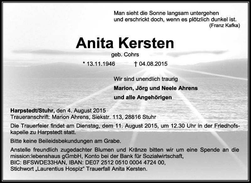  Traueranzeige für Anita Kersten vom 08.08.2015 aus KRZ