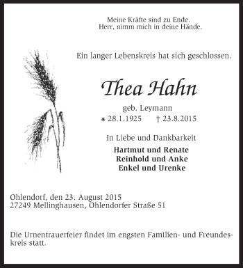 Traueranzeige von Thea Hahn von KRZ