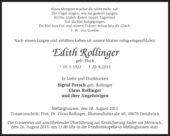 Traueranzeige von Edith Rollinger von KRZ