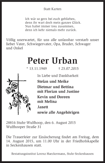 Traueranzeige von Peter Urban von KRZ