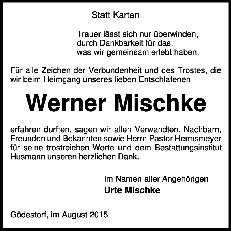  Traueranzeige für Werner Mischke vom 15.08.2015 aus KRZ