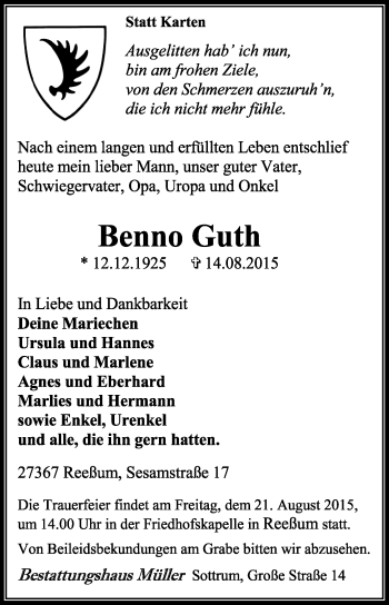 Traueranzeige von Benno Guth von KRZ