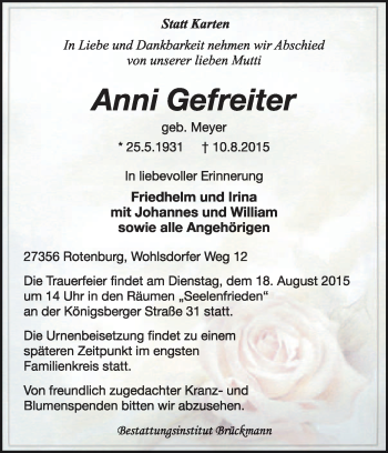 Traueranzeige von Anni Gefreiter von KRZ