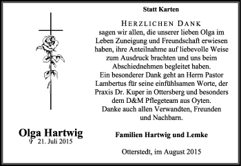 Traueranzeige von Olga Hartwig von KRZ