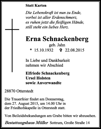 Traueranzeige von Erna Schnackenberg von KRZ