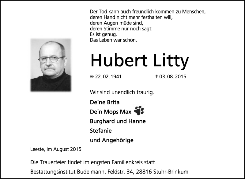  Traueranzeige für Hubert Litty vom 08.08.2015 aus KRZ