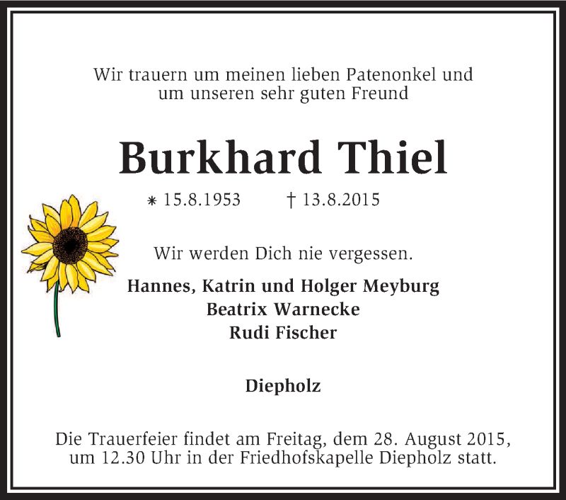  Traueranzeige für Burkhard Thiel vom 20.08.2015 aus KRZ