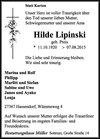 Traueranzeige von Hilde Lipinski von KRZ