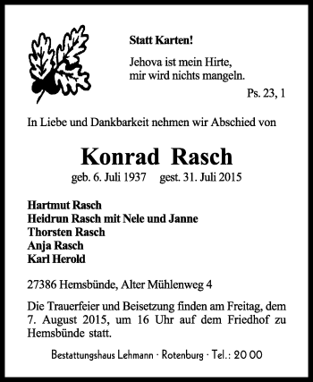 Traueranzeige von Konrad Rasch von KRZ