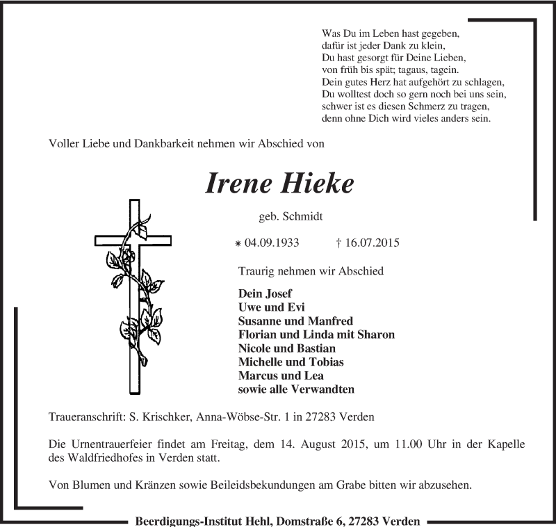  Traueranzeige für Irene Hieke vom 08.08.2015 aus KRZ