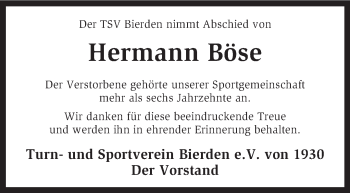 Traueranzeige von Hermann Böse von KRZ