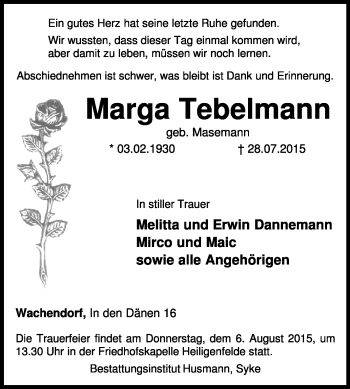 Traueranzeige von Marga Tebelmann von KRZ