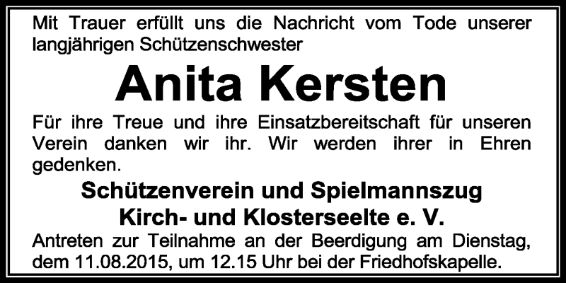  Traueranzeige für Anita Kersten vom 08.08.2015 aus KRZ